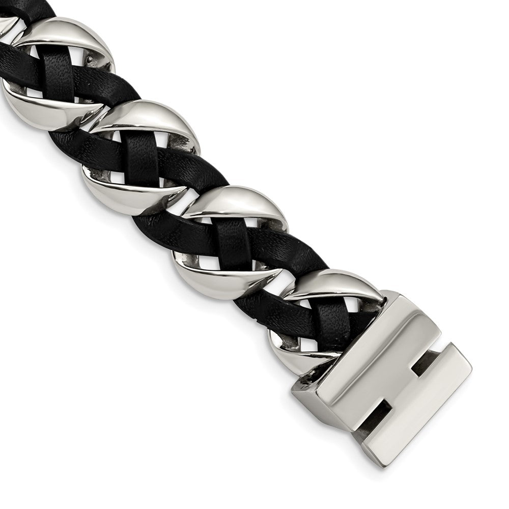 Stainless Steel Polished Leather Braided 8in Bracelet 8 inches