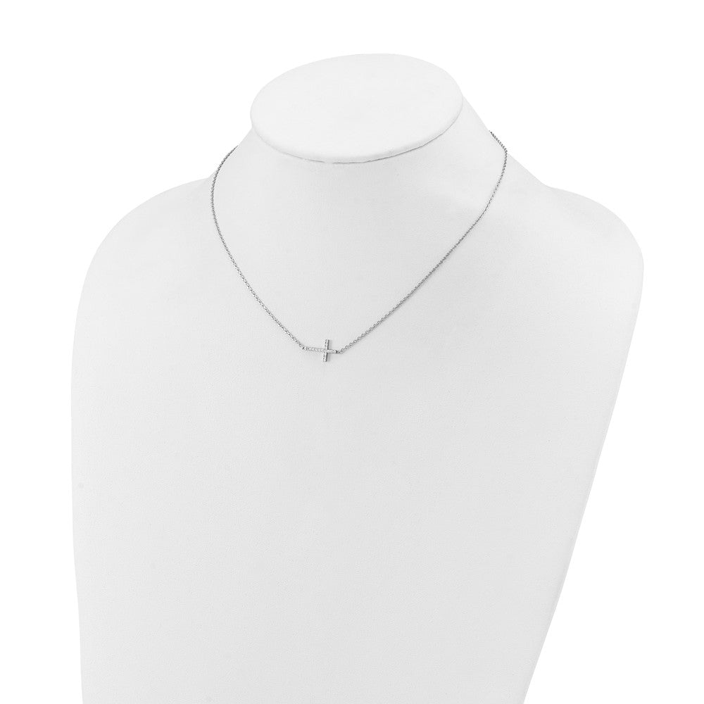 Sterling Shimmer Sterling Silver Rhodium-plated 1.1mm CZ 16 Stone Sideway Cross 16 inch with 2 inch Extension Necklace 16 Inches