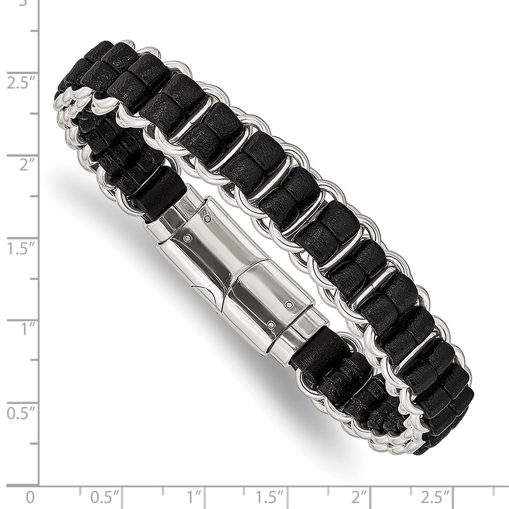 Stainless Steel Polished Black Leather 8.5in Bracelet 8.5 inches