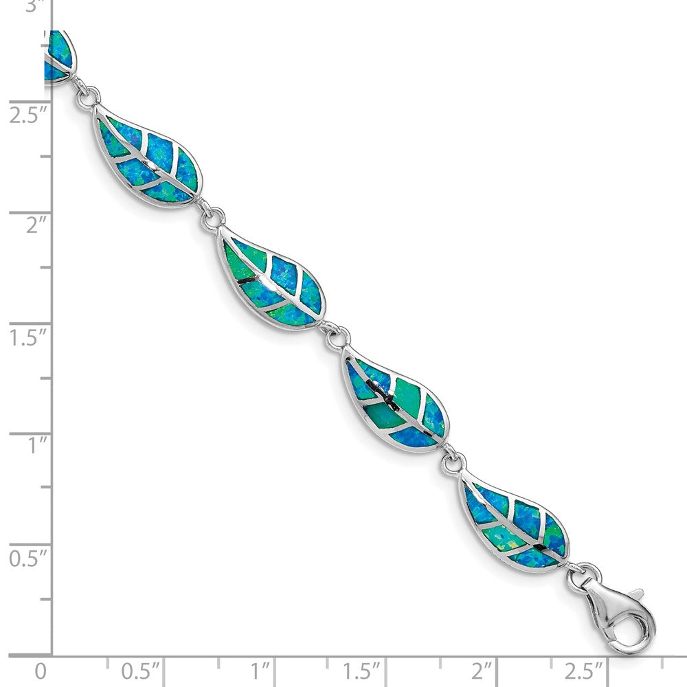 Sterling Silver Rhodium-plated Lab Created Opal Inlay Leaf Bracelet 7.5 inches