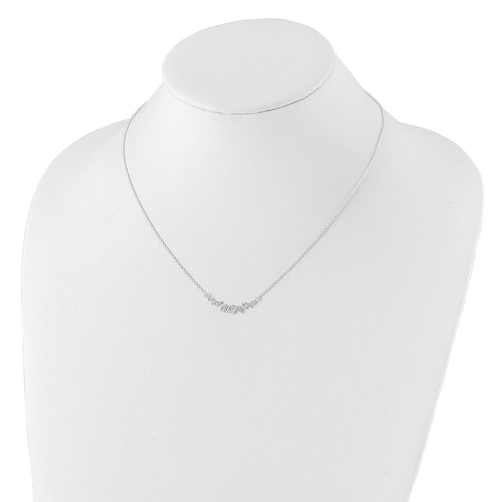 Sterling Silver Rhodium-plated Polished Fancy Wave CZ Bar Necklace 18 Inches