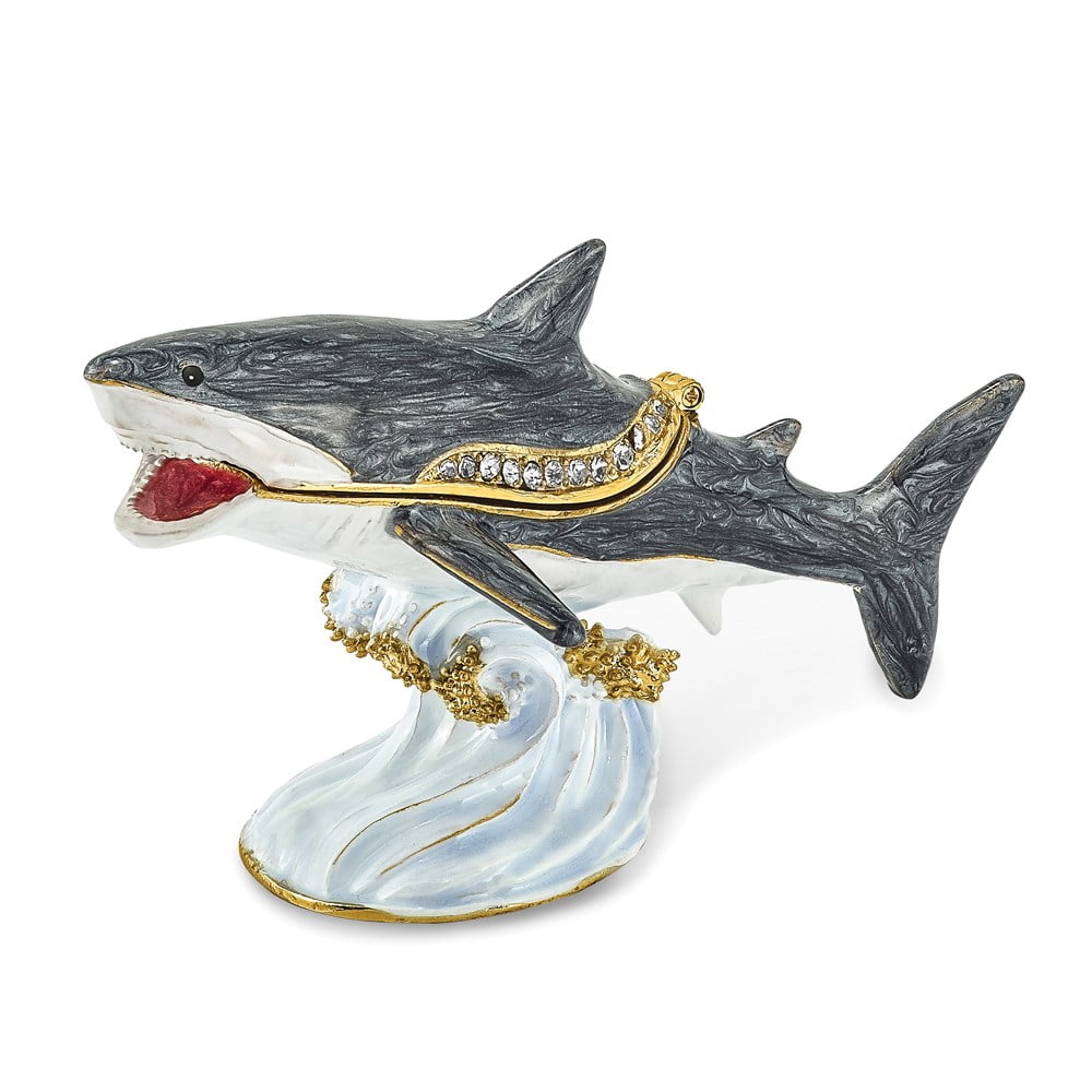 Luxury Giftware Pewter Bejeweled Crystals Gold-tone Enameled ACE Great White Shark Trinket Box with Matching 18 Inch Necklace Q-BJ4002