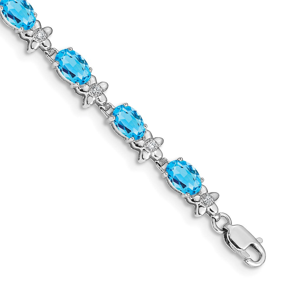 14k White Gold Floral Diamond and Blue Topaz Bracelet 7 inches