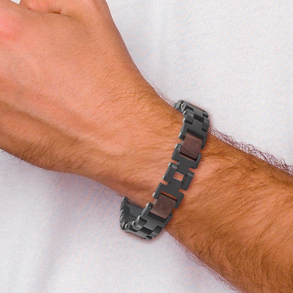 Stainless Steel Brushed Black IP-plated with Wood w/.5in ext. 8in Bracelet 8 inches