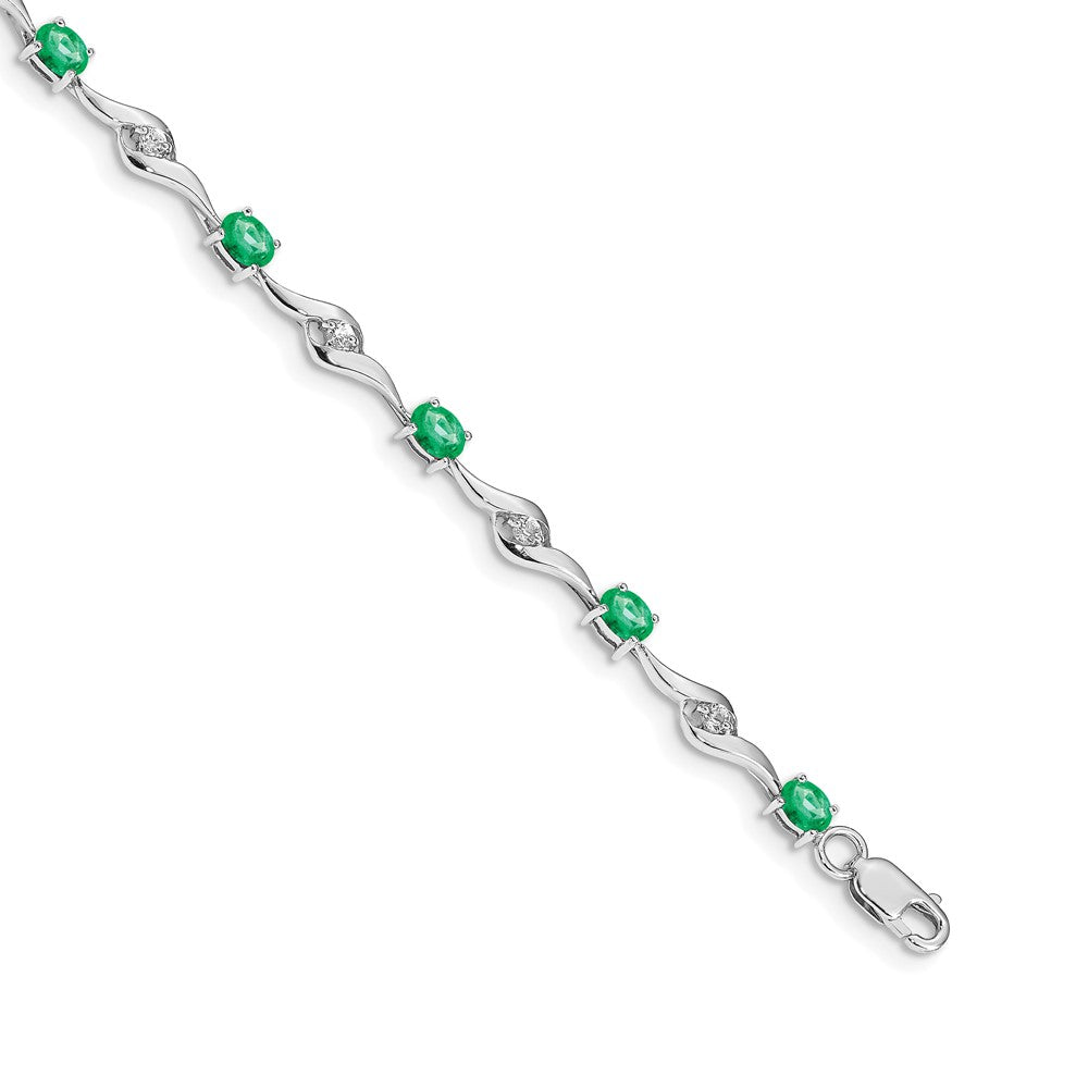 14k White Gold White Sapphire and Emerald Gemstone Bracelet 7 inches