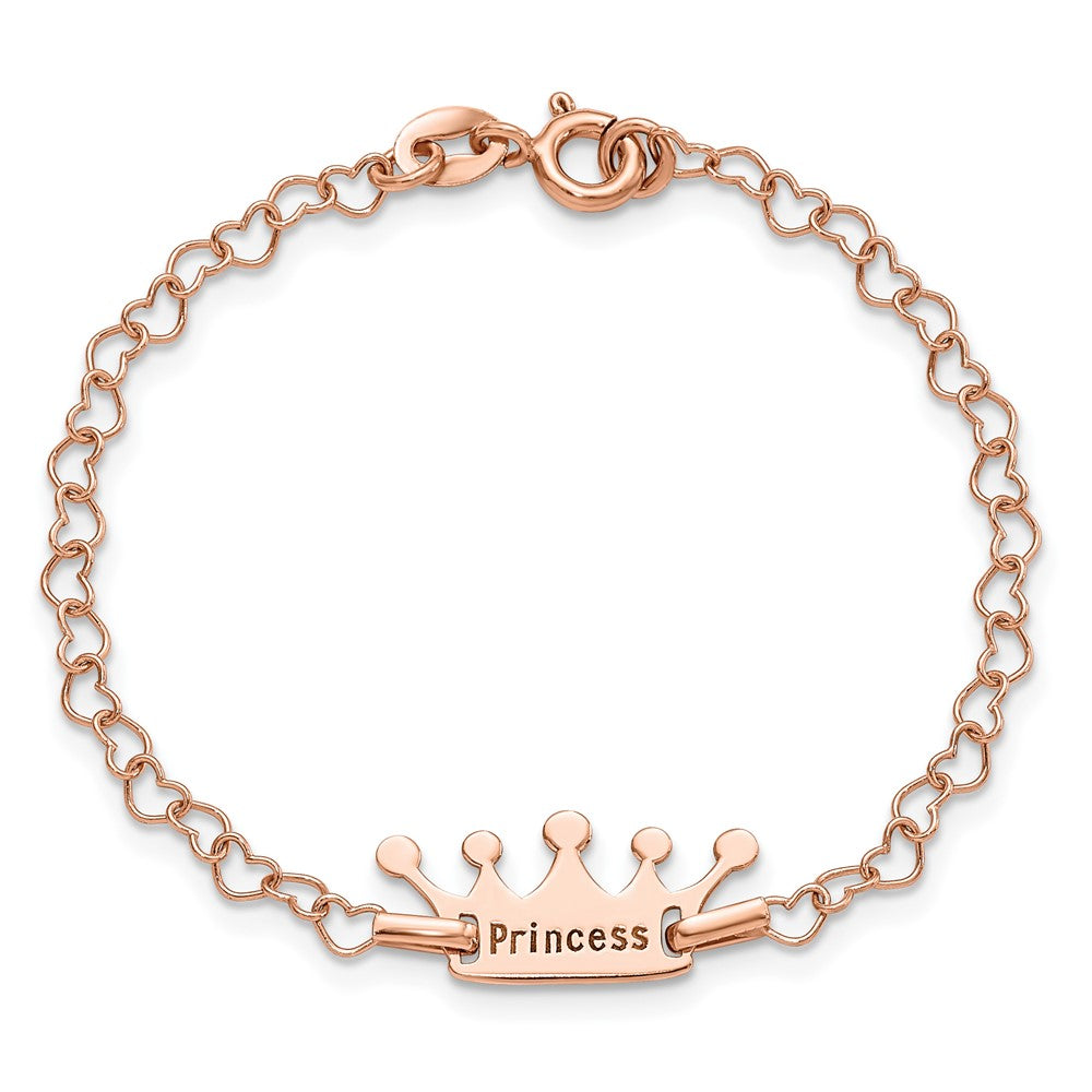 Sterling Silver Rose-tone Princess Crown Heart Link Children's Bracelet 6 inches