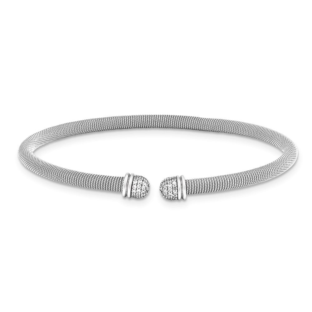 Sterling Silver Rhodium 7.25 plated Cuff Bypass CZ Bangle