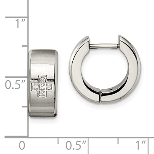 Stainless Steel Brushed and Polished w/CZ 6mm Hinged Hoop Earrings
