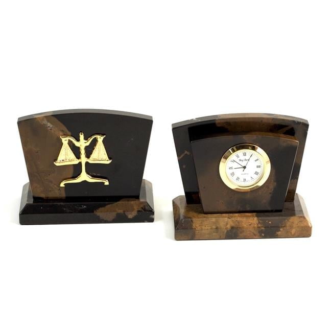 Bey-Berk International D017L Legal Tiger Eye Marble & Gold Plated Accents Quartz Clock & Letter Rack