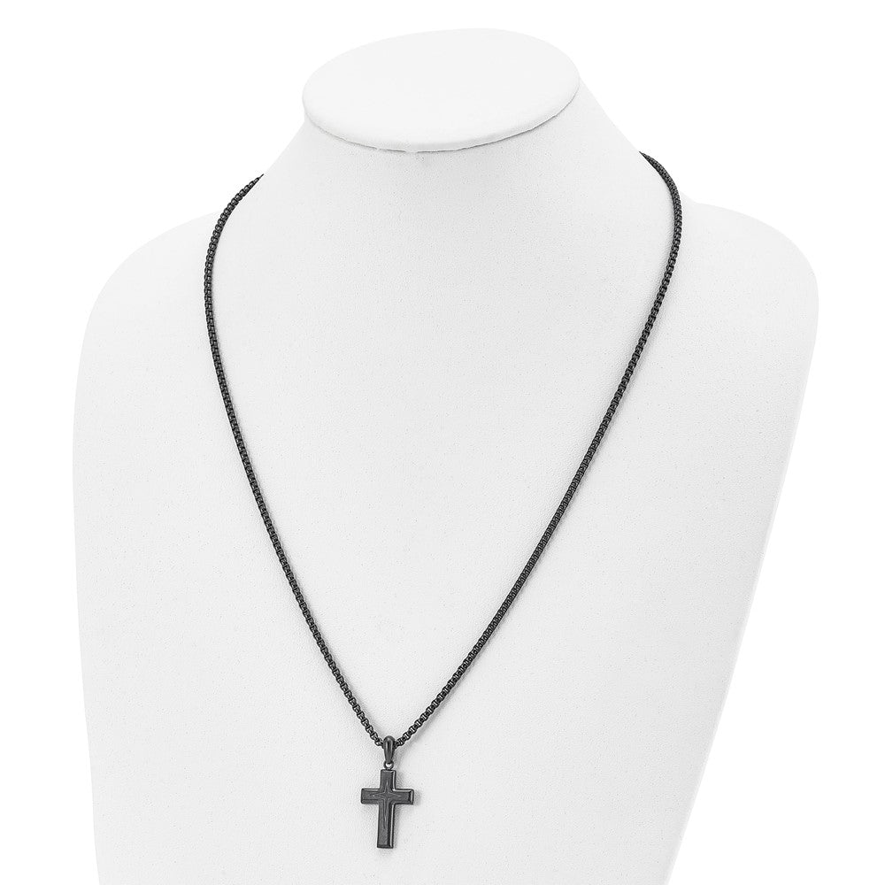 Stainless Steel Brushed and Polished Blue/Grey IP 24in Cross Necklace