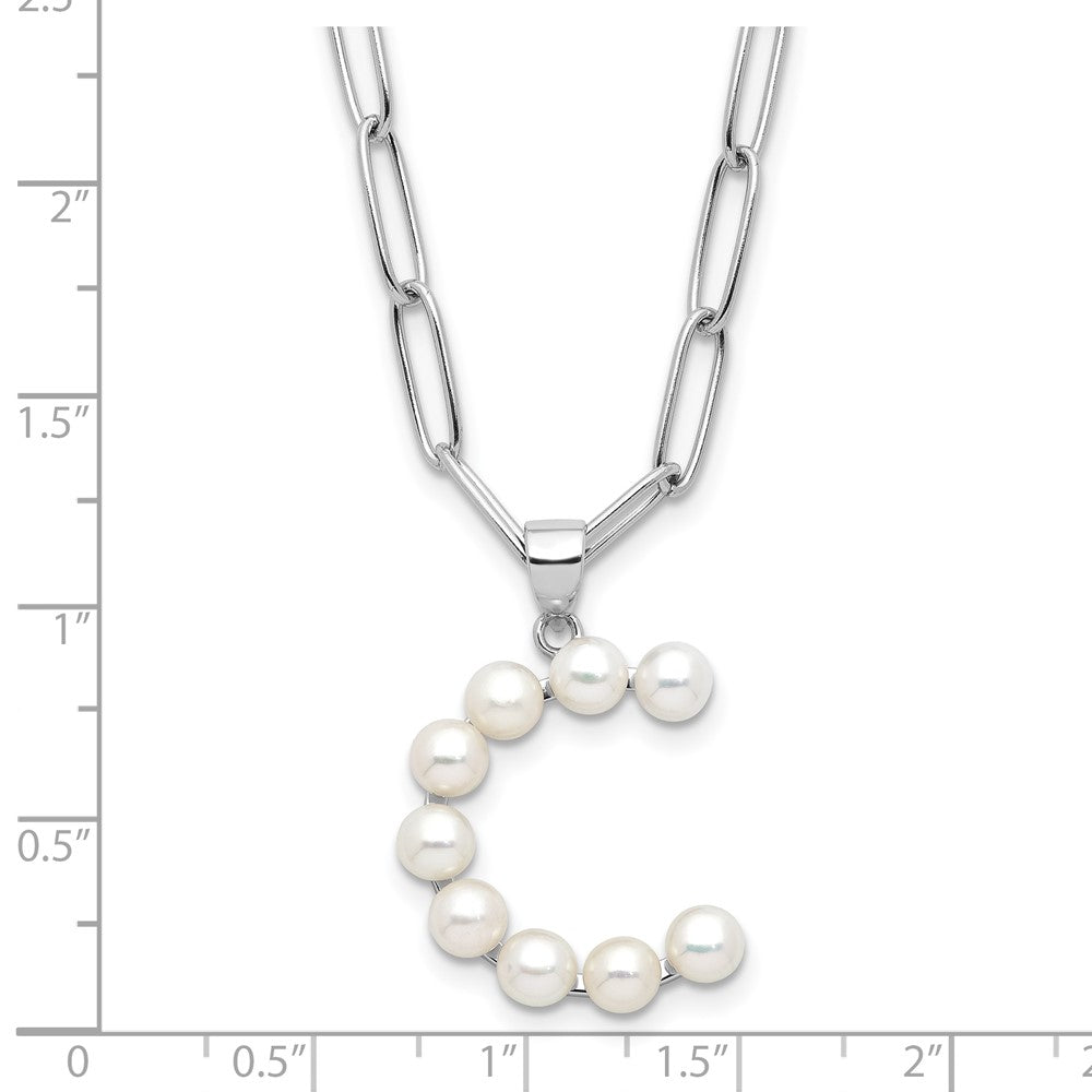 Sterling Silver Rhodium-plated 3-5.5mm White Button Freshwater Cultured Pearl LETTER C 18 inch Necklace