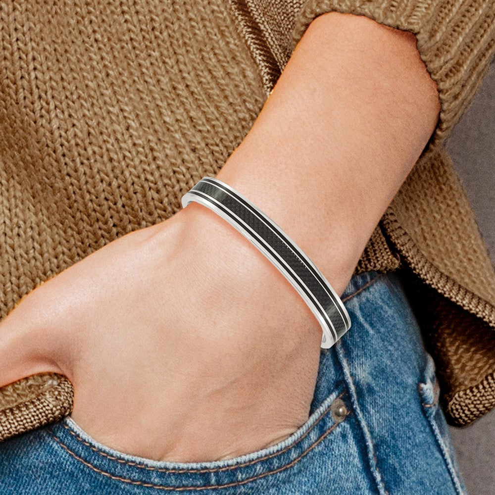 Stainless Steel Polished Black IP-plated w/Black Carbon Fiber Inlay Bangle 7.25 inches