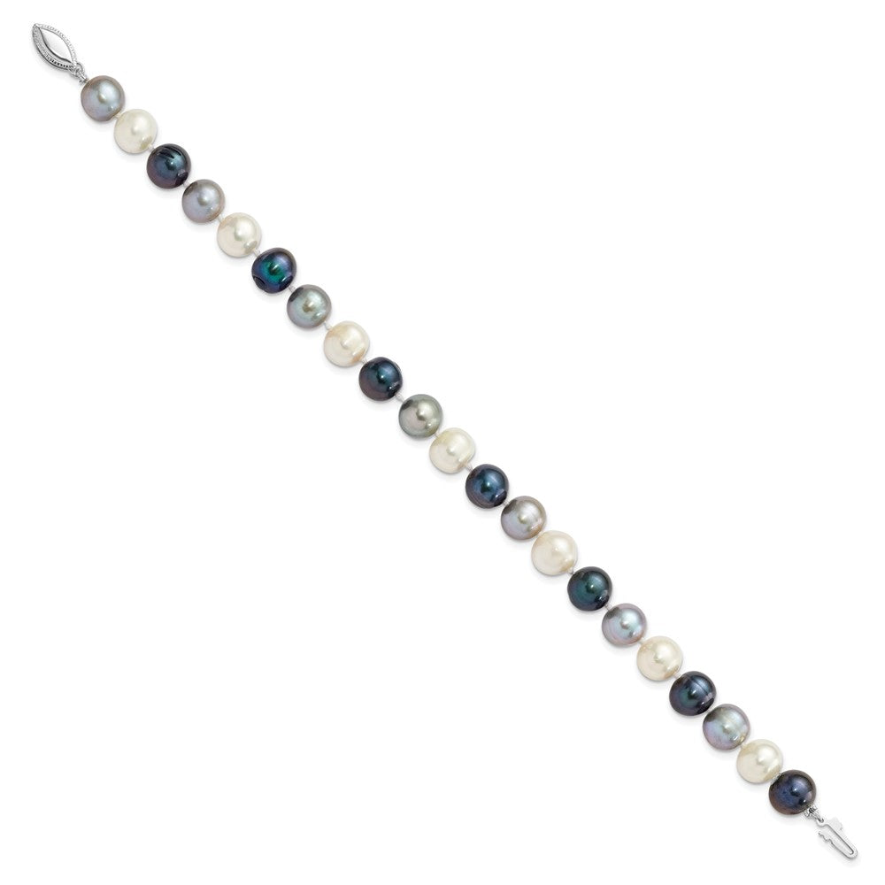 Sterling Silver Rhodium-plated 8-9mm Black, Green and White Semi-Round Freshwater Cultured Pearl 7.5 inch Bracelet 7.5 inches