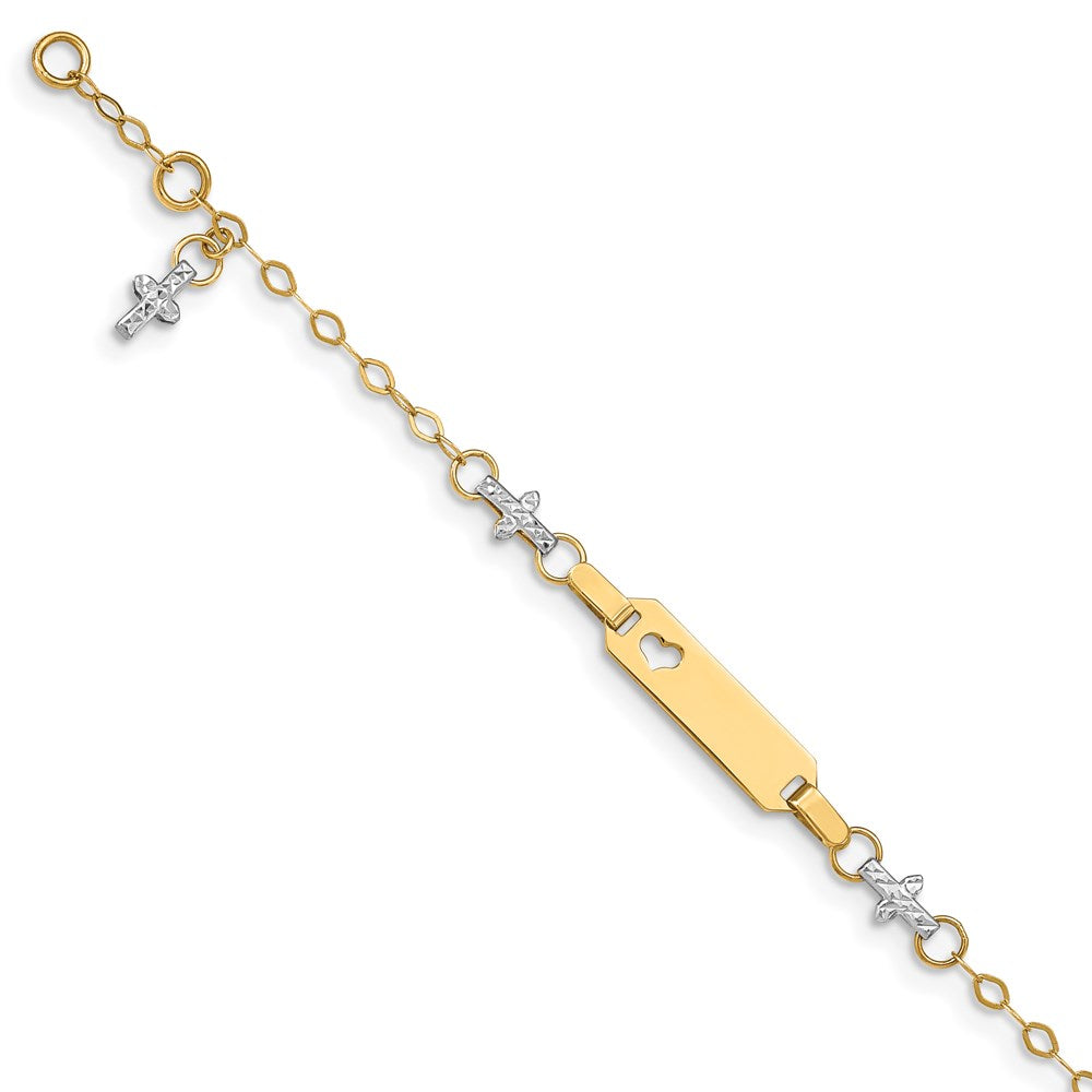 14k Two-tone Baby Polished and Textured Cross w/1in ext. ID Bracelet 4.5 inches