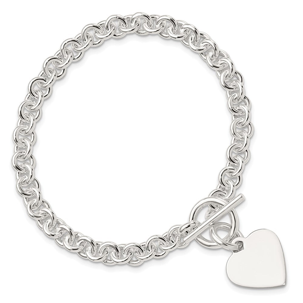 Sterling Silver Engraveable Heart Disc on Fancy Link Toggle 7.75in Bracelet 7.75 inches