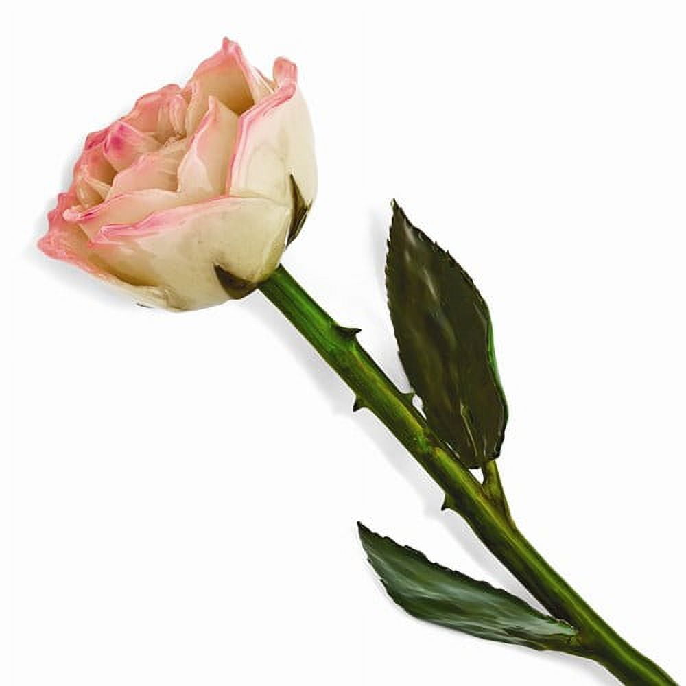 Lacquer Dipped Natural White/Pink Rose w/Green Leaves & Stem