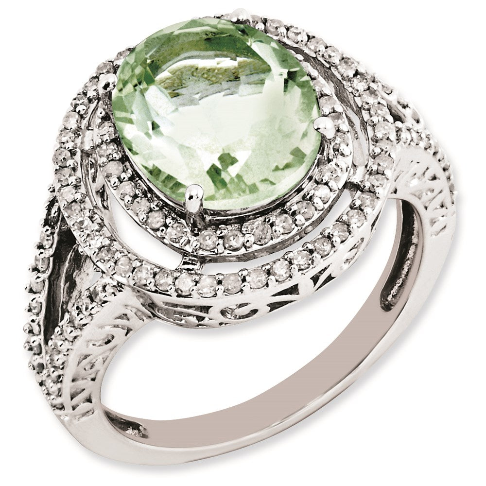 Sterling Silver Rhodium-plated Oval Diamond & Green Quartz Ring