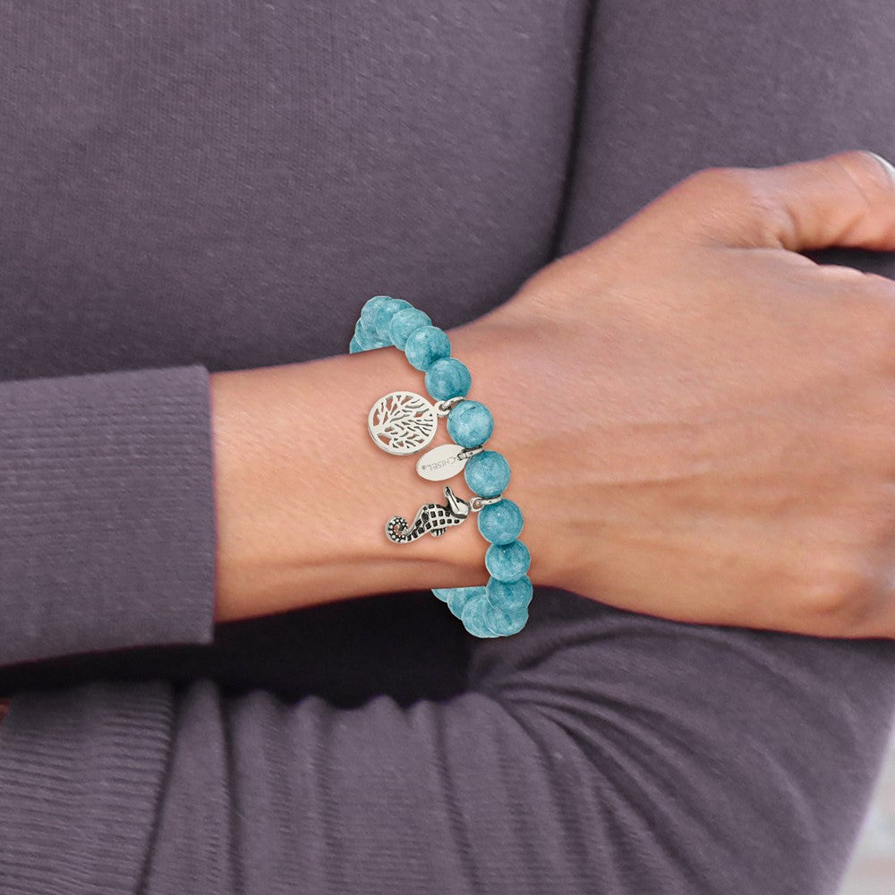 Stainless Steel Antiqued & Polished Seahorse Blue Dyed Jade Stretch Bracele 6.25 inches