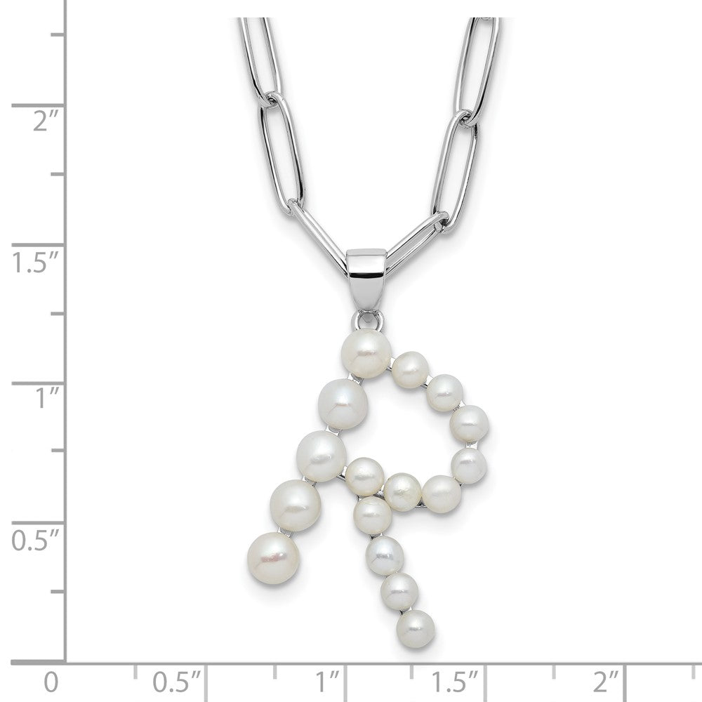 Sterling Silver Rhodium-plated 3-5.5mm White Button Freshwater Cultured Pearl LETTER R 18 inch Necklace