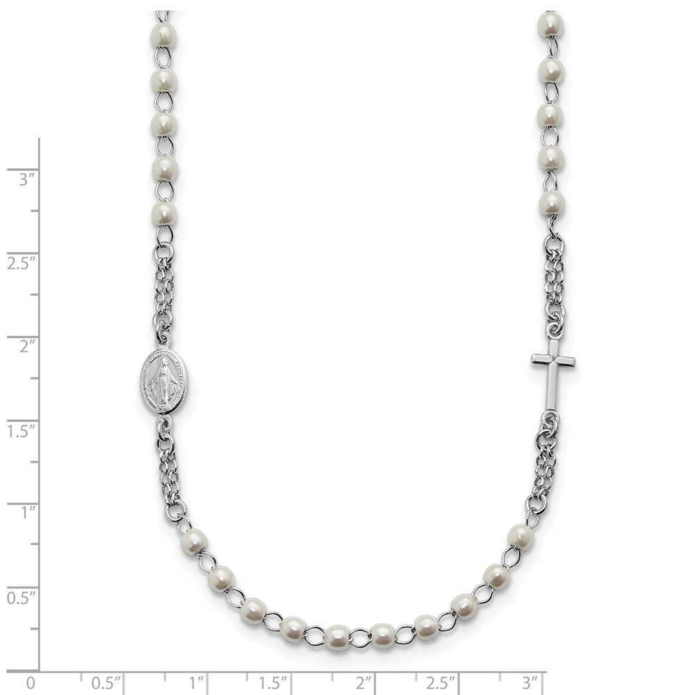 Sterling Silver Rhodium-plated Plastic Imitation Pearl 19.75 inch with 1 inch extender Rosary Themed Necklace