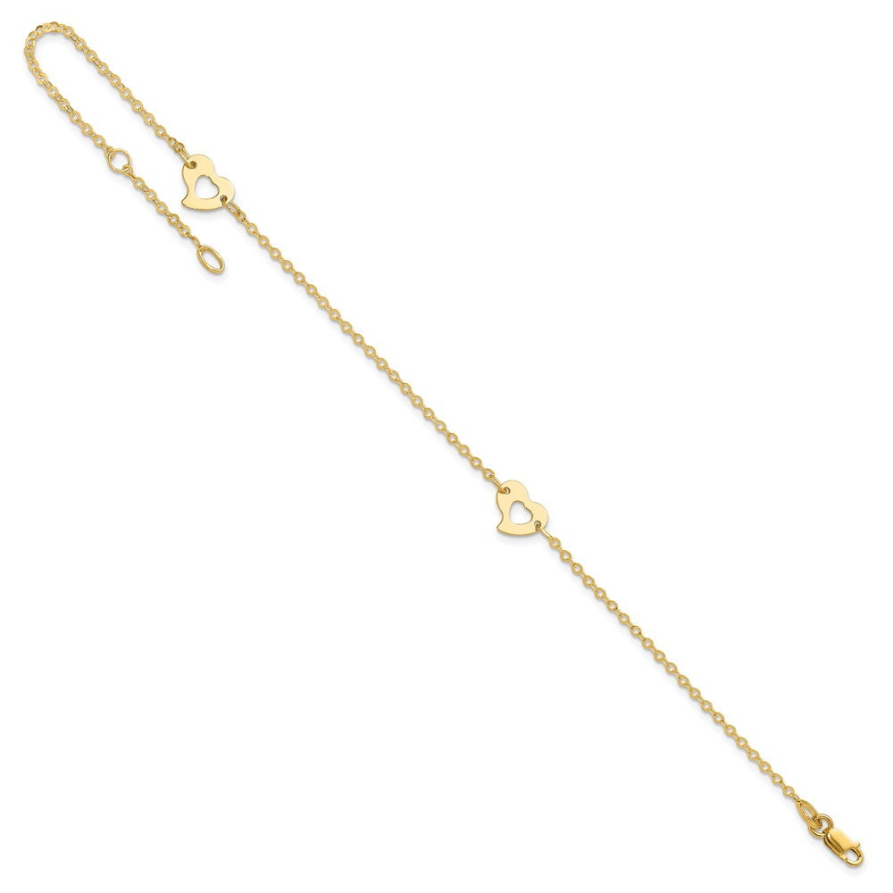 14k Polished Heart 9in Plus 1in ext Anklet 10 inches