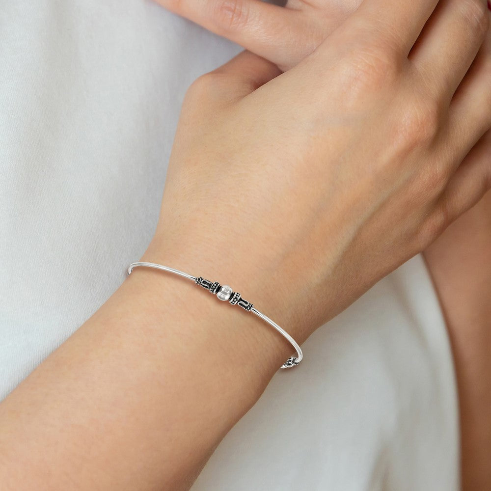Sterling Silver Antiqued Beaded Slip On Bangle 8 inches