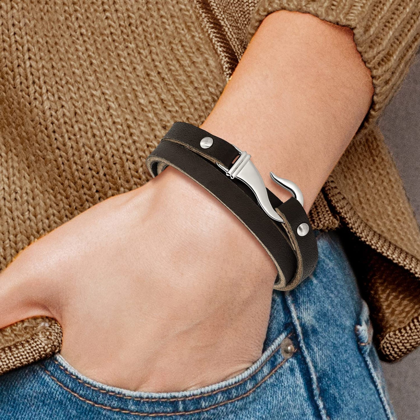 Stainless Steel Black and Brown Leather Wrap Bracelet 24 inches