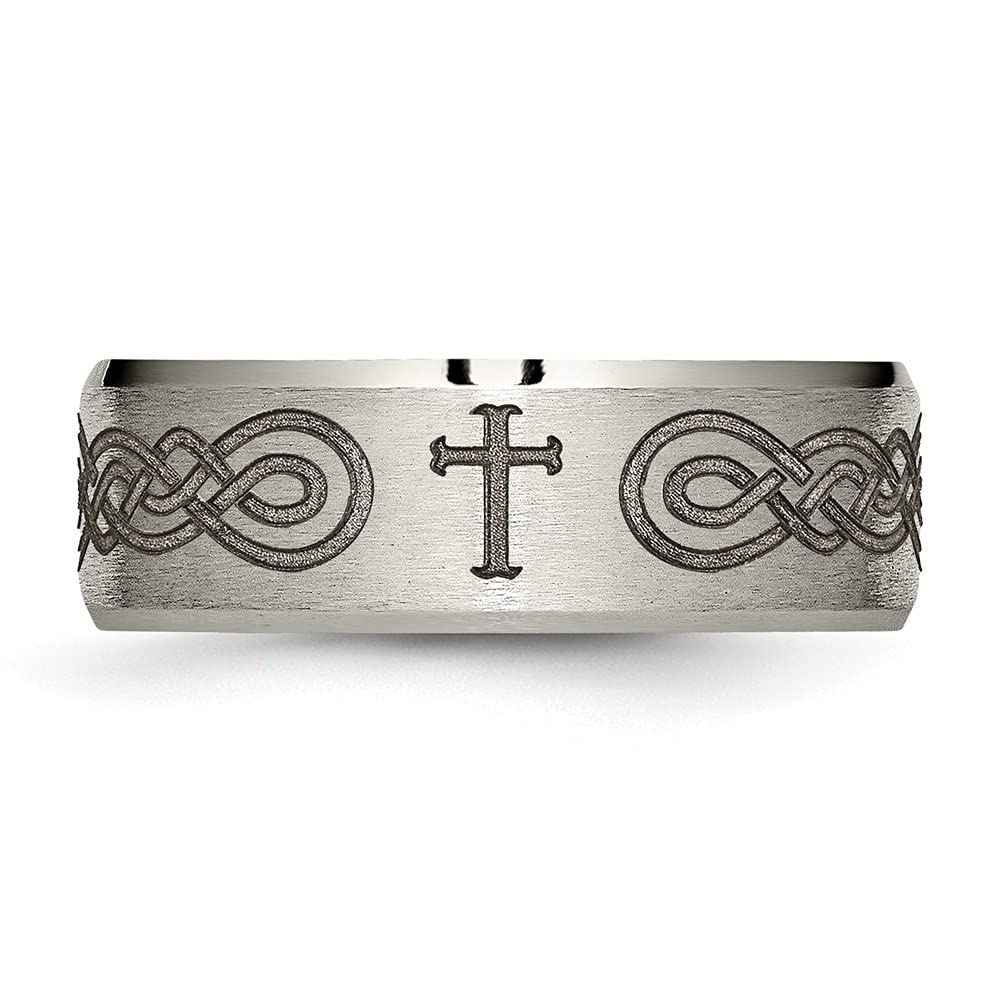 Titanium Brushed & Polished Cross Laser Design 8mm Beveled Edge Band Size - 8.5