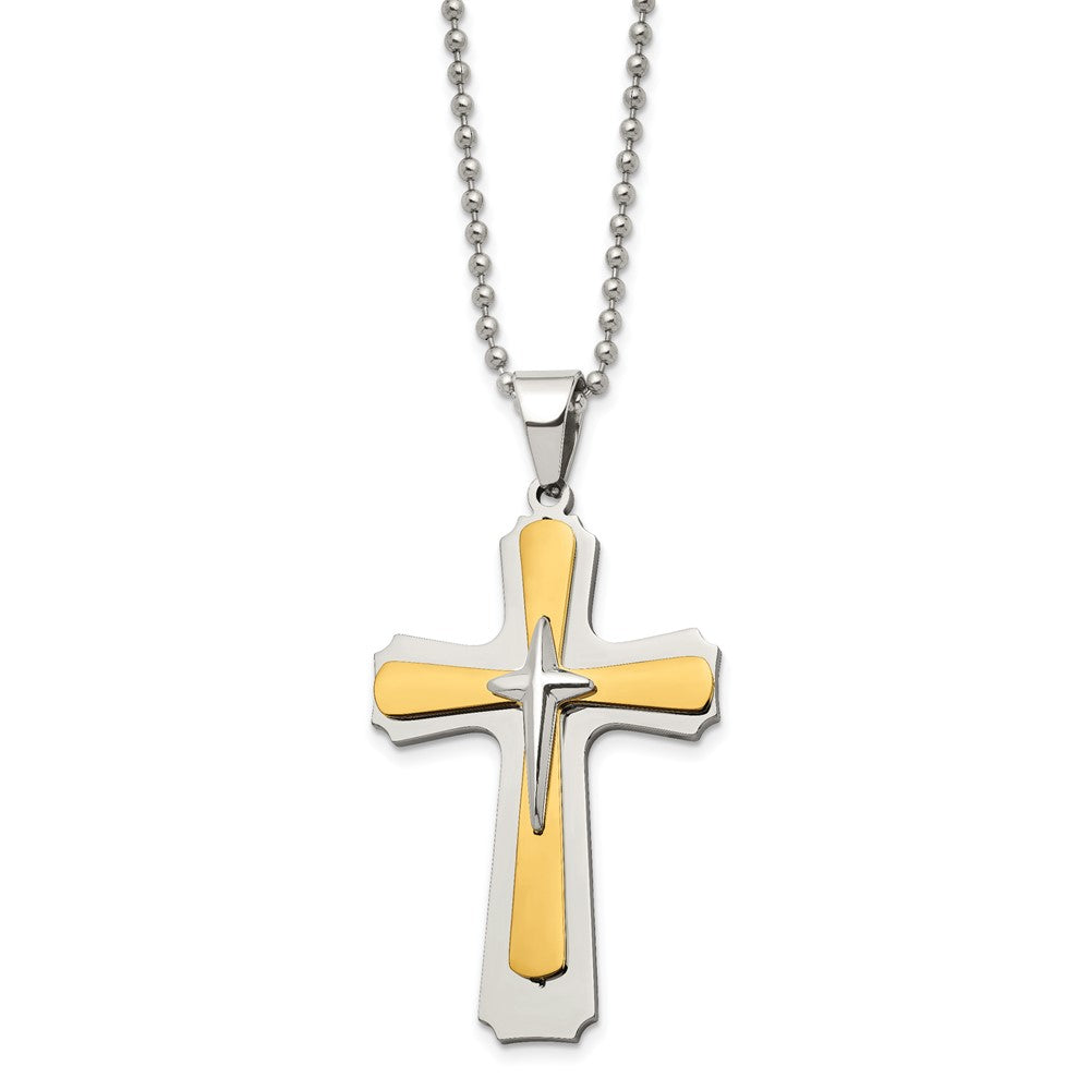 Stainless Steel Polished Yellow IP-plated Cross 22in Necklace