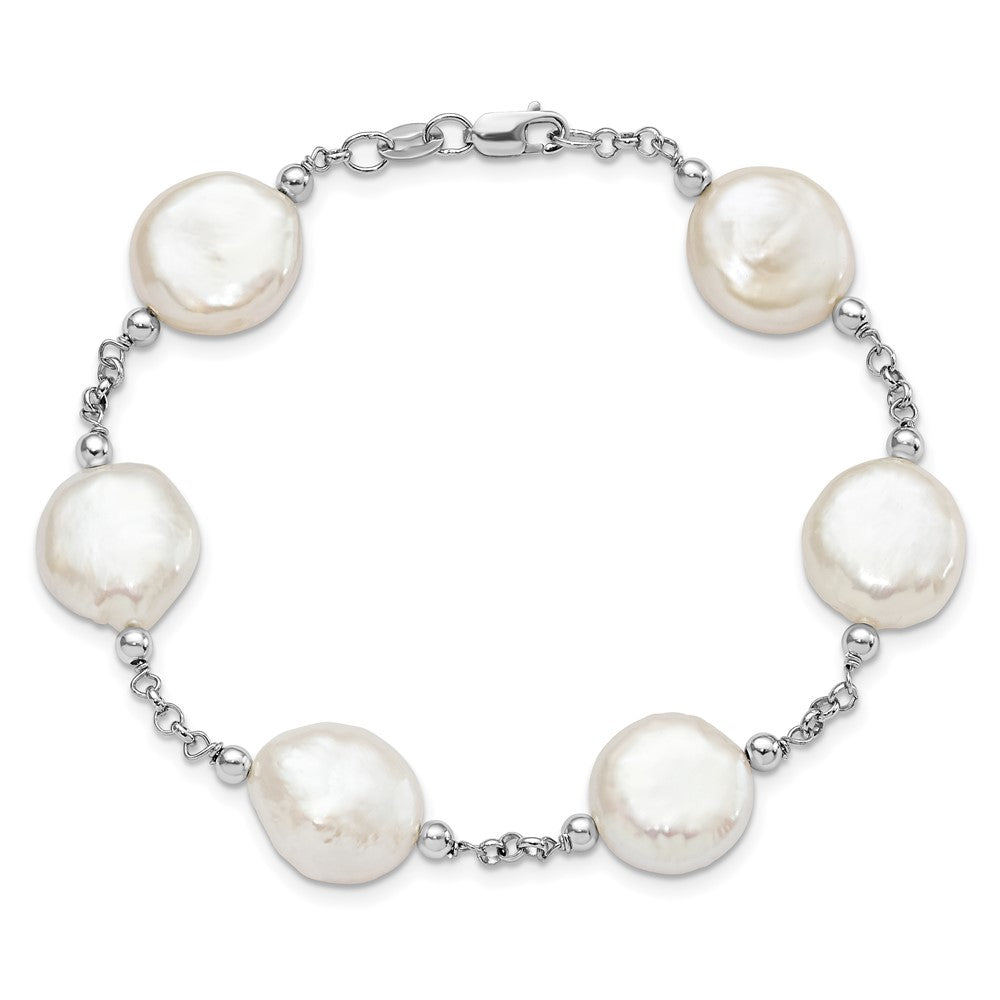 Sterling Silver Rhodium-plated 12-13mm White Coin Freshwater Cultured Pearl 6-Station 7.5 inch Bracelet 7.5 inches