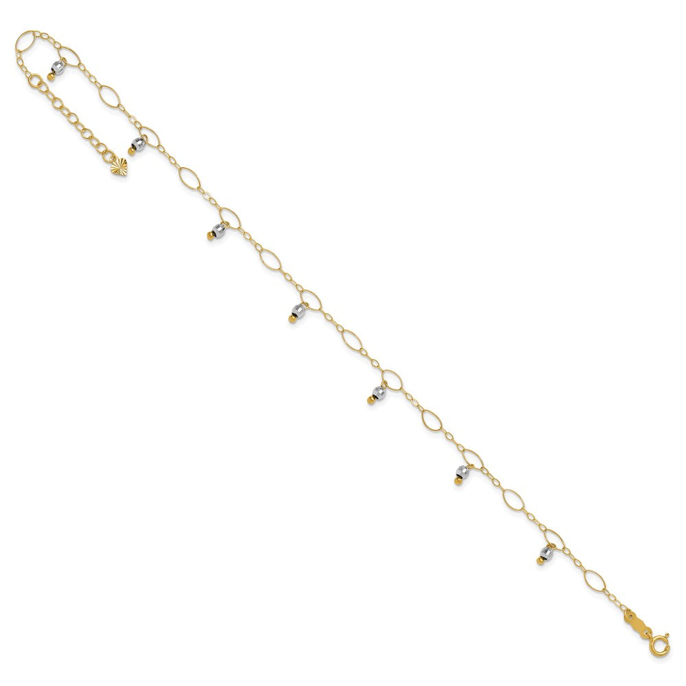 14K Two-Tone Mirror Beaded 9in Plus 1in ext. Anklet 9 inches
