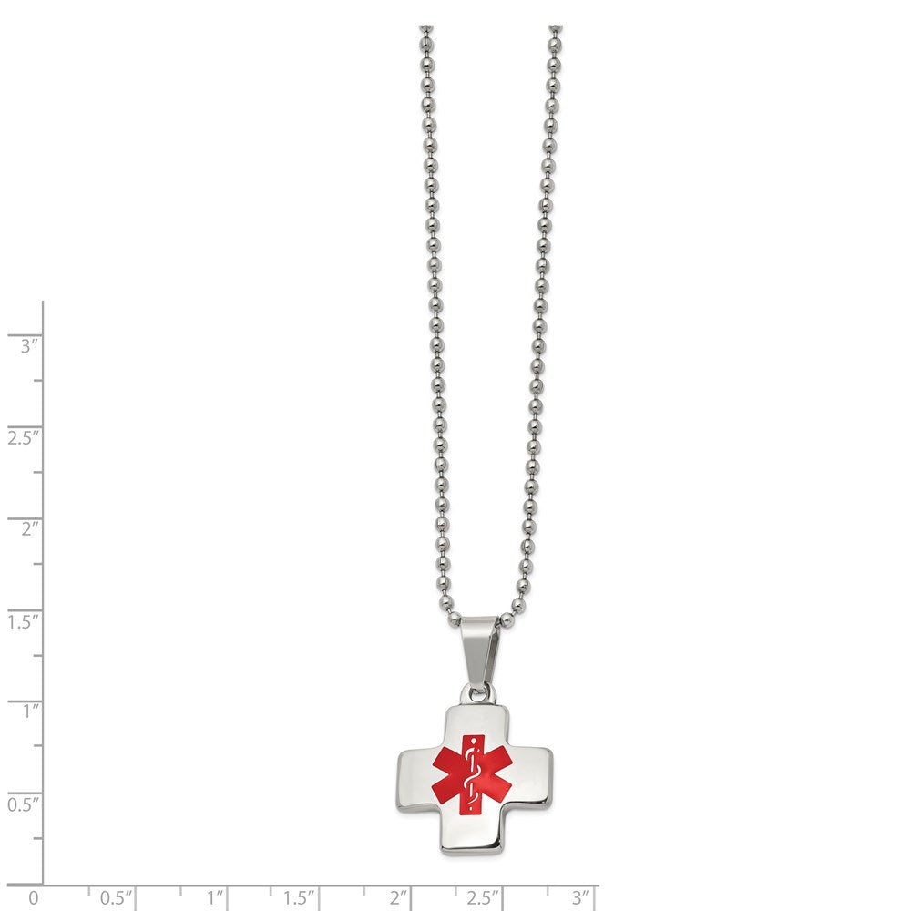 Stainless Steel Polished w/Red Enamel Cross Medical ID 20in Necklace