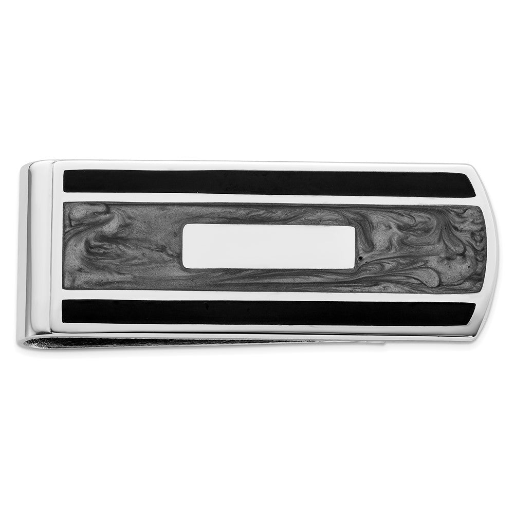 Rhodium-plated Kelly Waters Black and Grey Epoxy Money Clip with Engravable Area QGL8755