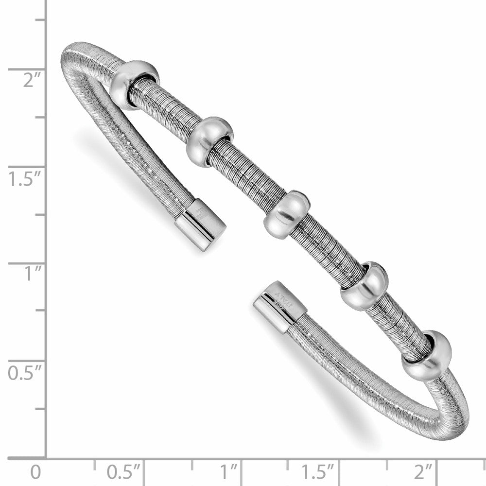 Sterling Silver Rhodium Textured & Polished Cuff Bangle