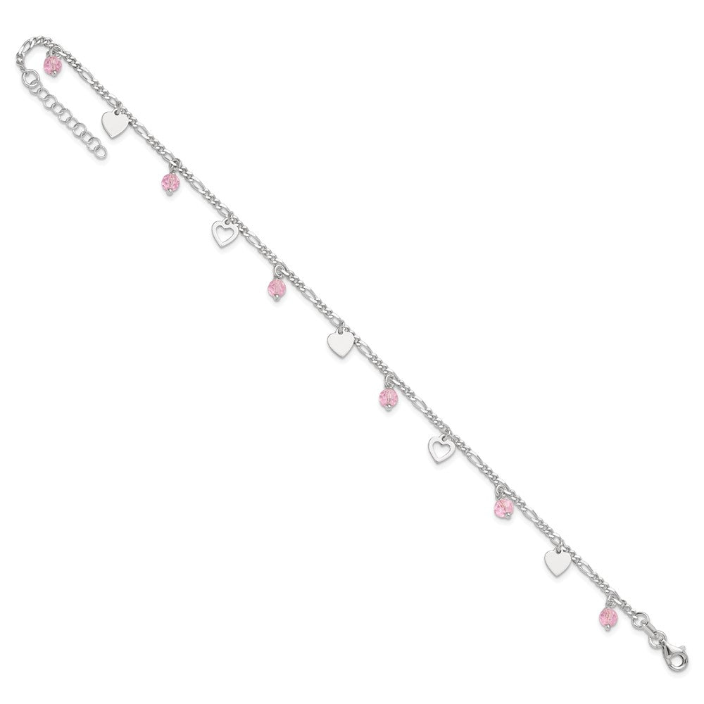 Sterling Silver Pink Glass Beads and Polished Hearts 9 inch Anklet with 1 inch extension 9 inches