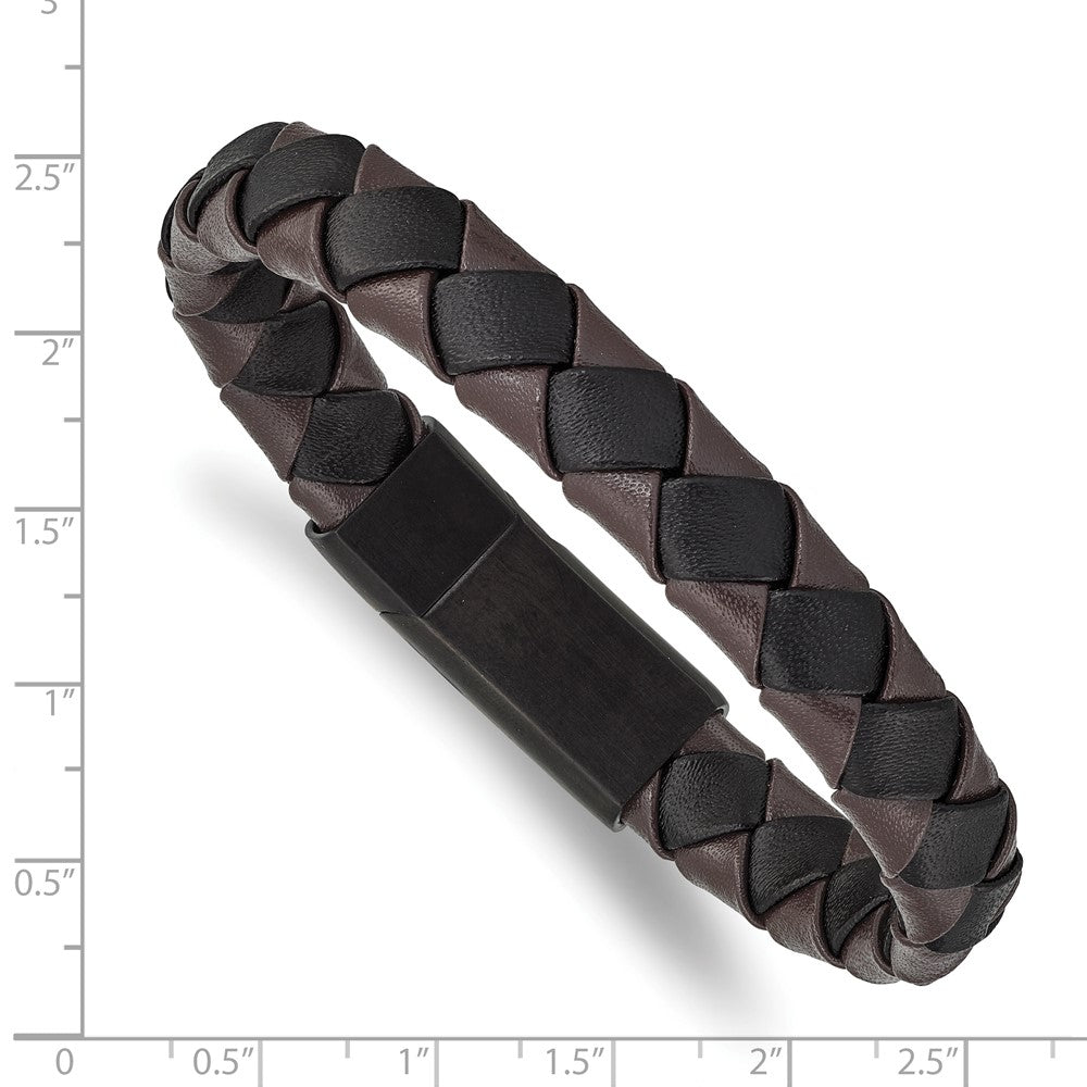 Stainless Steel Brushed Black IP Black/Brown Leather 8.25in Bracelet 8.25 inches