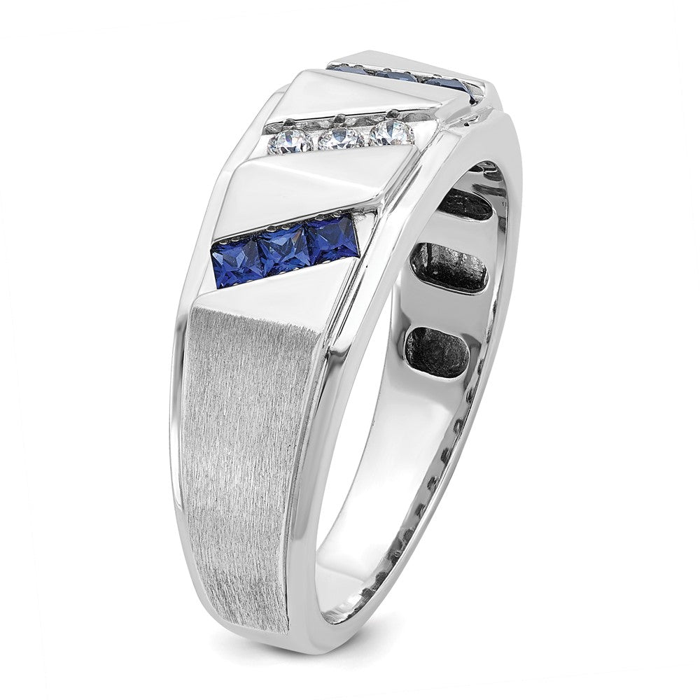 14k White Gold IBGoodman Men's Satin Lab Created Sapphire and 1/10 carat Diamond Complete Ring Size 10