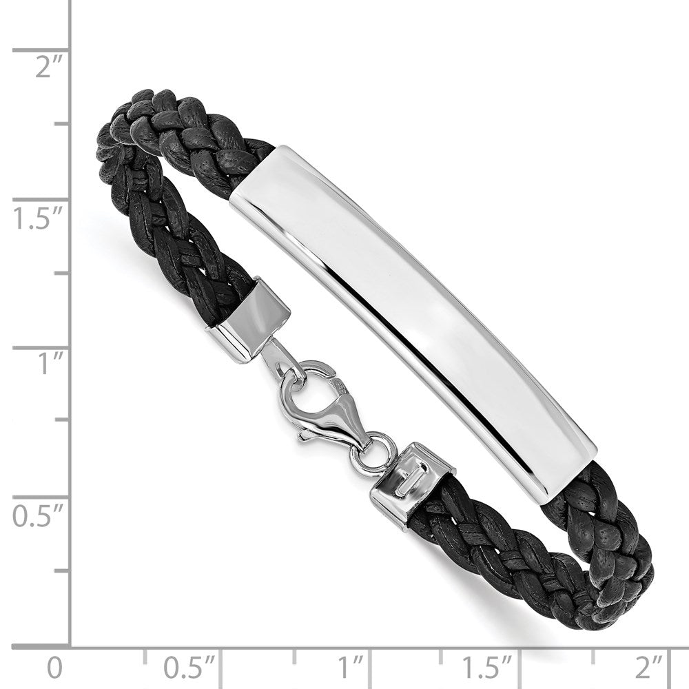 Sterling Silver Rhodium-plated Black Braided Leather Bracelet 7 inches