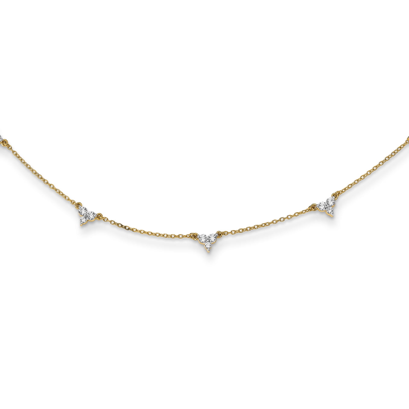 14k Complete 1 carat Diamond 3-Stone Cluster 7-Station 18 inch Necklace