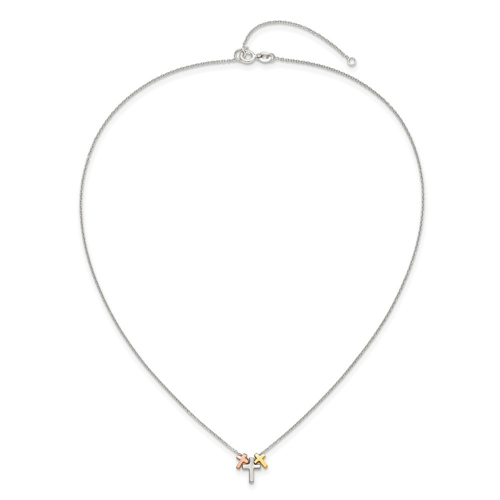 Sterling Silver Rose and Gold-tone 3-Cross w/ 2in ext. Necklace 16 Inches