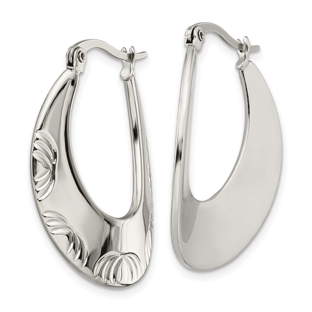 Stainless Steel Polished and Textured Half Circle Design Hoop Earrings