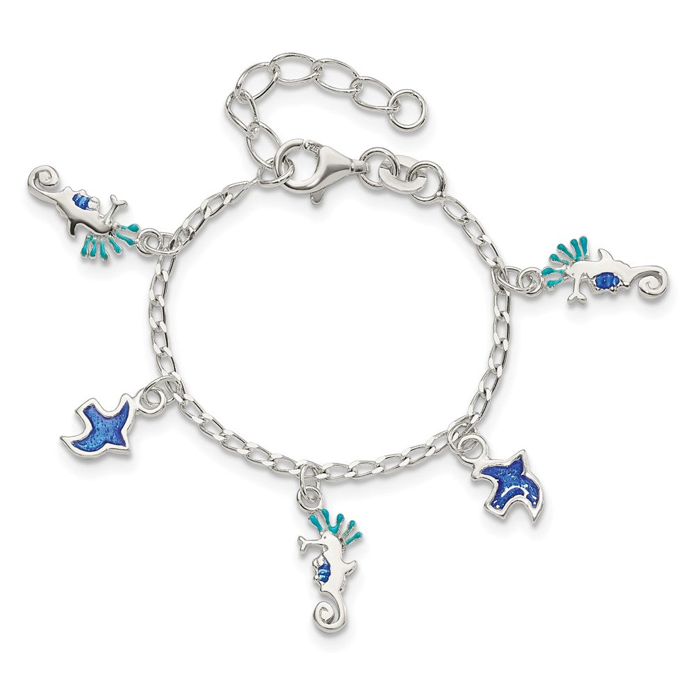 Sterling Silver Enameled Seahorse & Birds w/ 1in ext. Children's Bracelet 5 inches