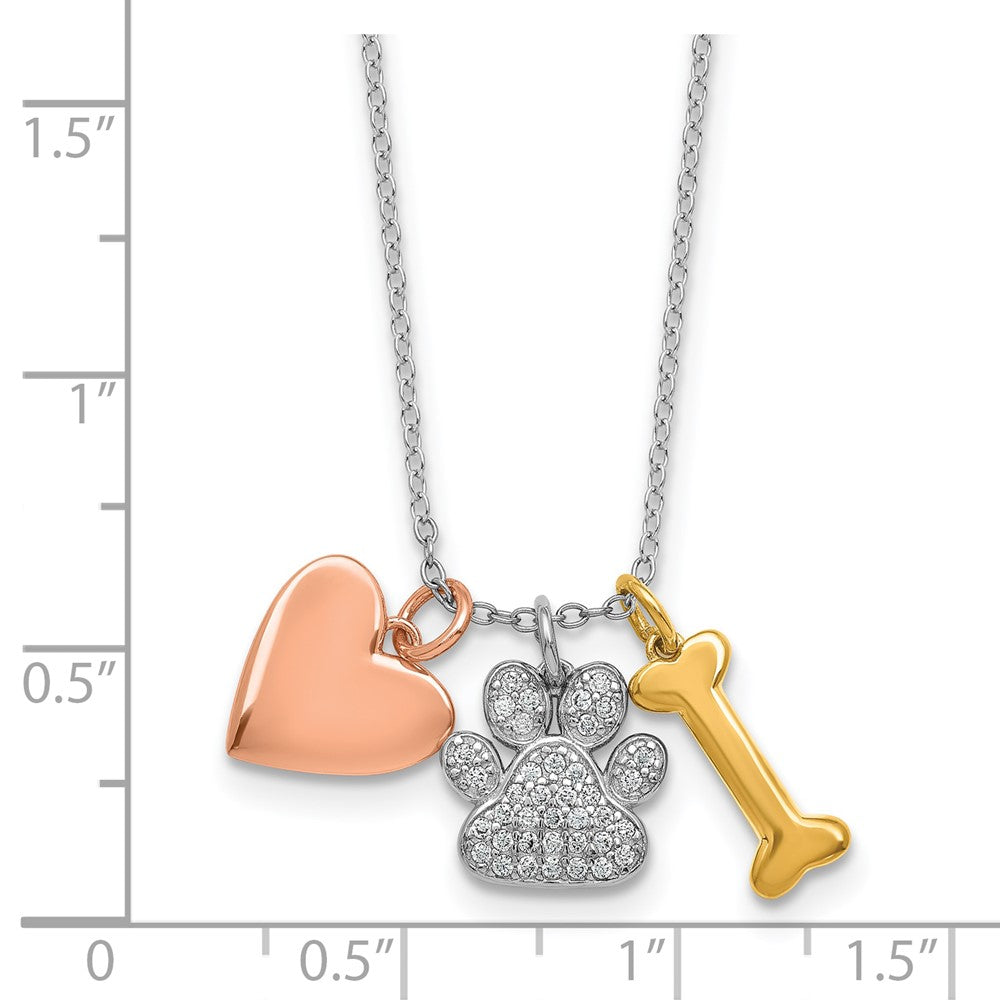 Sterling Silver Rose and Yellow Gold-plated Polished CZ Pawprint Heart and Bone 16 Inch with 2 Inch Extension Necklace 16 Inches