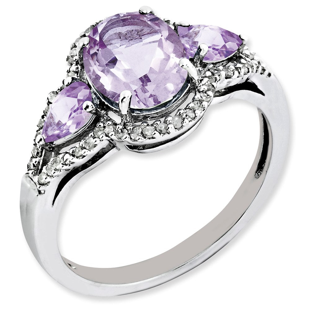 Sterling Silver Rhodium-plated Oval Diamond & Pink Quartz Ring