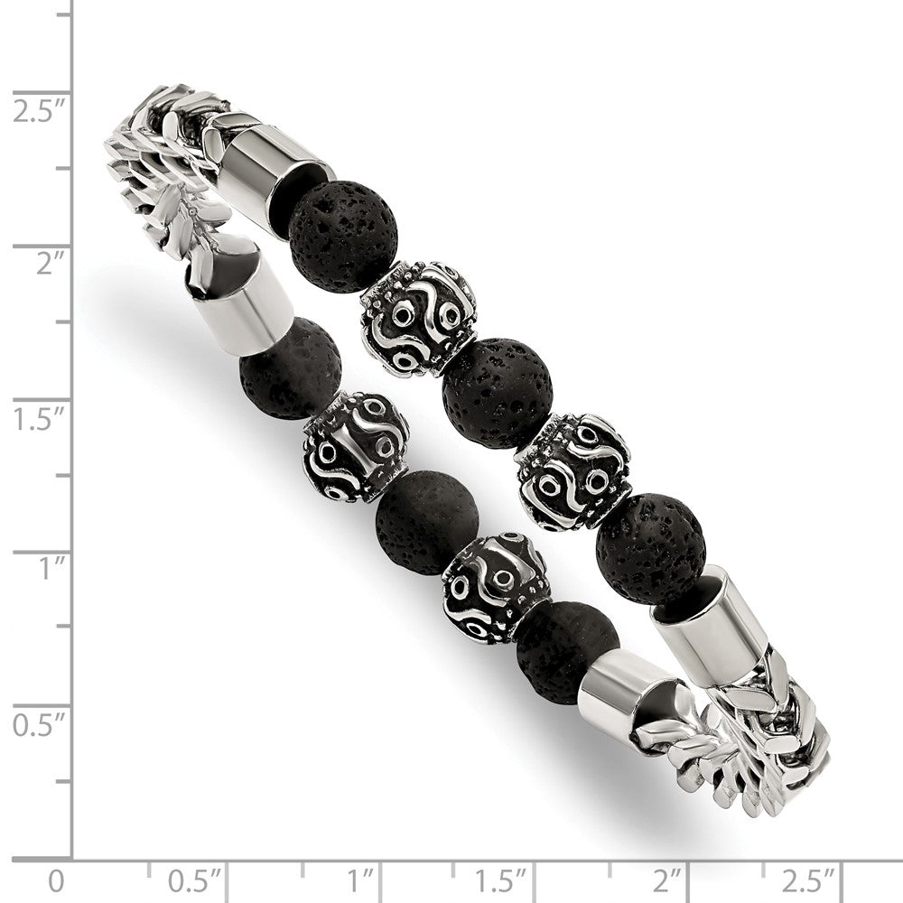 Stainless Steel Antiqued & Polished w/Lava Stone Beads Stretch Bracelet