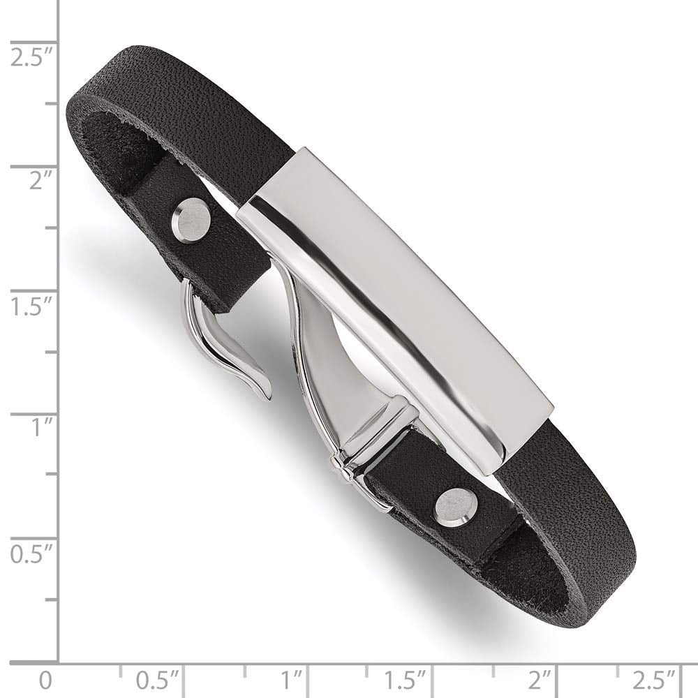 Stainless Steel Polished Black Leather 8.5in ID Bracelet 8.5 inches