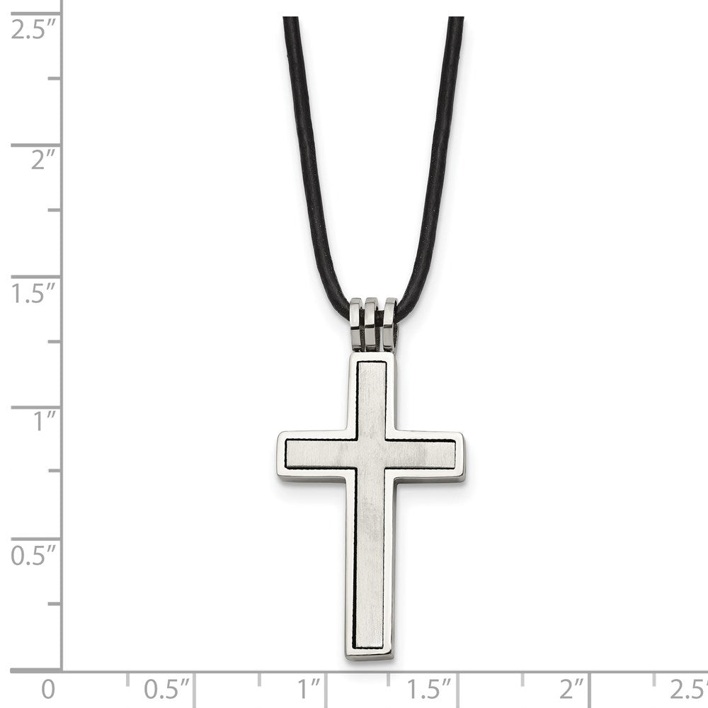 Stainless Steel Brushed & Polished Cross Leather Cord Necklace