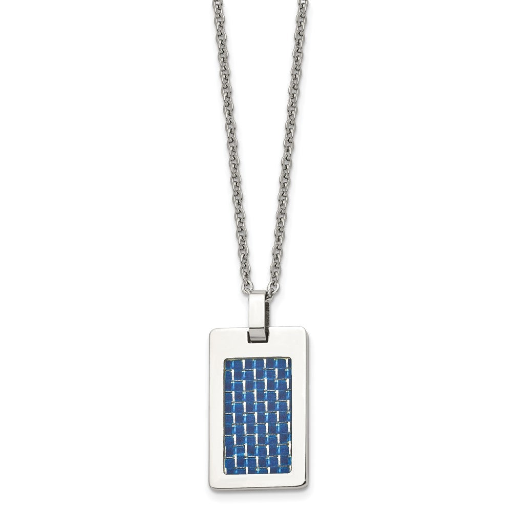 Stainless Steel Polished w/Blue Carbon Fiber Inlay Dog Tag 22in Necklace