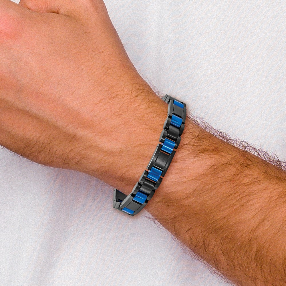 Stainless Steel Brushed & Polished Black & Blue IP-plated 8.75in Bracelet 8.75 inches