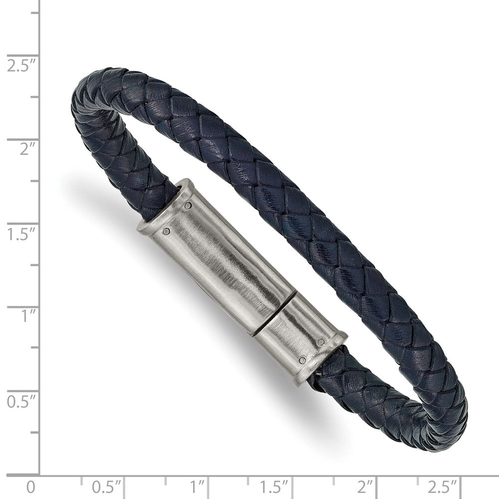 Stainless Steel Brushed Braided Blue Leather 8.25in Bracelet 8.25 inches
